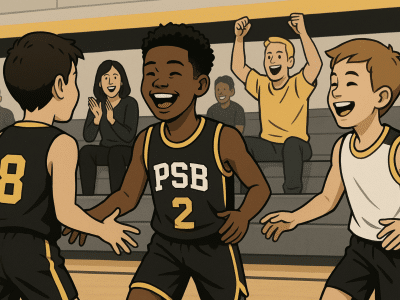 Youth basketball player having fun with teammates during warmups while parents cheer
